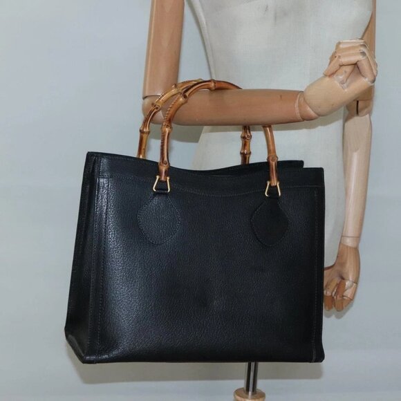 GUCCI Bamboo Hand Bag Leather Black Gold 002 - Picture 14 of 16
